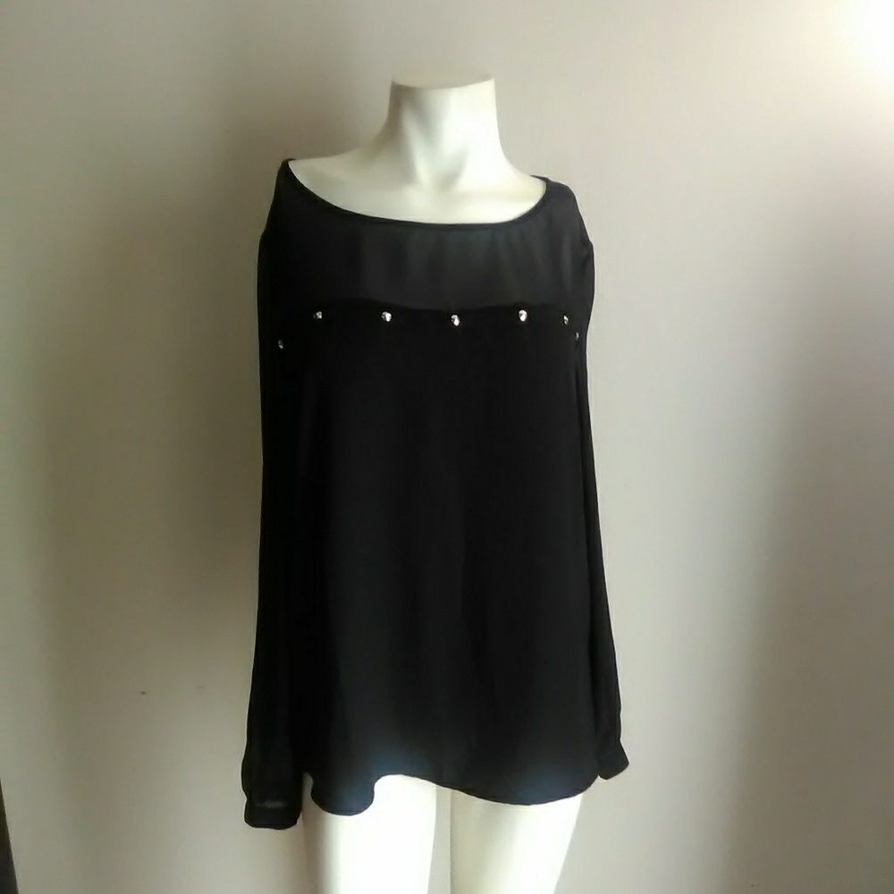 Forever 21 Black Semi Sheer Blouse Gold Studs L